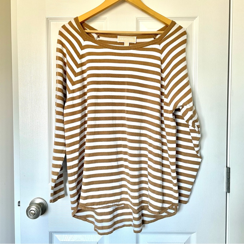 Michael Kors Long sleeve striped Top Brown White knit Stetchy Coastal academia